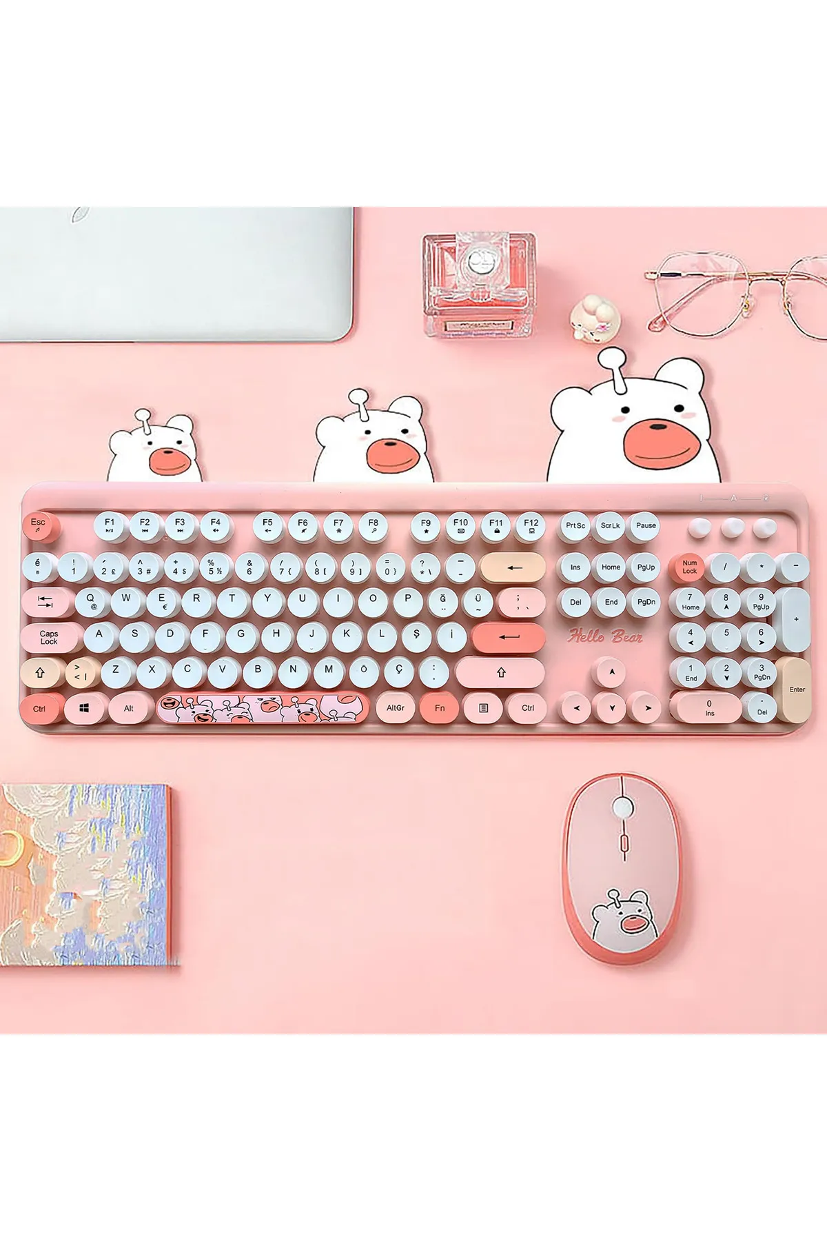 Mofii Hellobear Yuvarlak Tuşlu Ayıcık Desenli Kablosuz Pembe Klavye Mouse Set